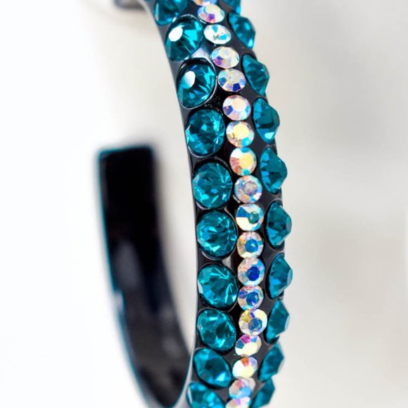 2.5" Teal/AB Rhinestones Black Lucite Hoop Earring - Picture 5 of 7